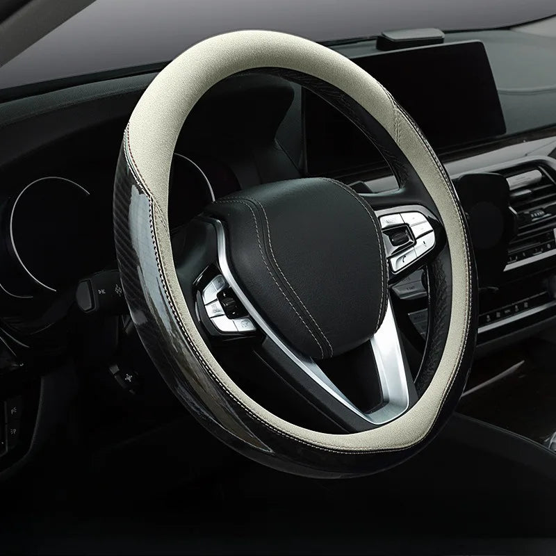 Carbon Fiber Steering Wheel Cover – Universal 38 cm Fit, Breathable Non-Slip Grip, Soft Rubber + Tech Cloth Car Steering Accessory - Delicate Leather