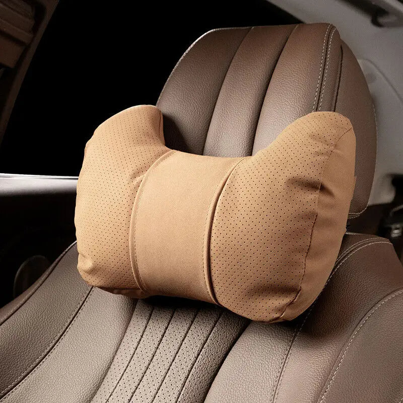 Car Neck & Waist Pillow - Soft Comfort Auto Seat Headrest and Cushion Support for Driving - Universal Fit - Delicate Leather