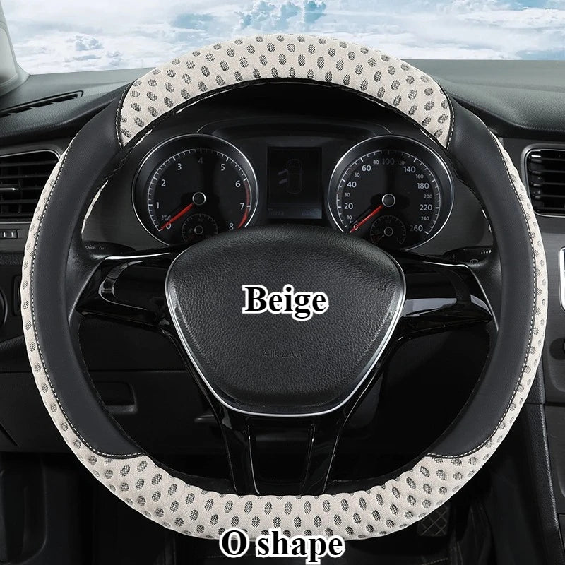 PU Leather Steering Wheel Cover – 3D Cooling Fabric, Non-Slip, O/D Shape, All-Season Comfort - Delicate Leather