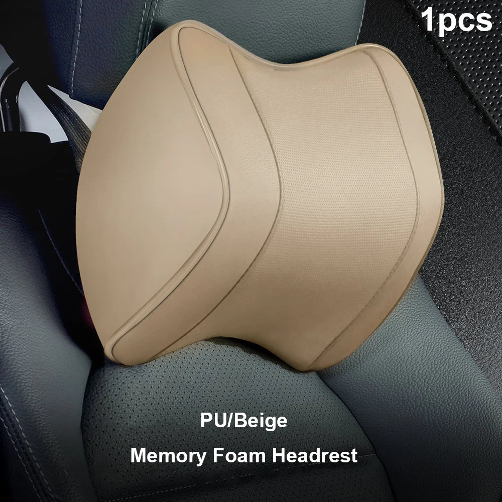 Universal Breathable Memory Foam Car Headrest Pillow – Neck Support Cushion & Lumbar Guard for Comfortable Driving - Delicate Leather