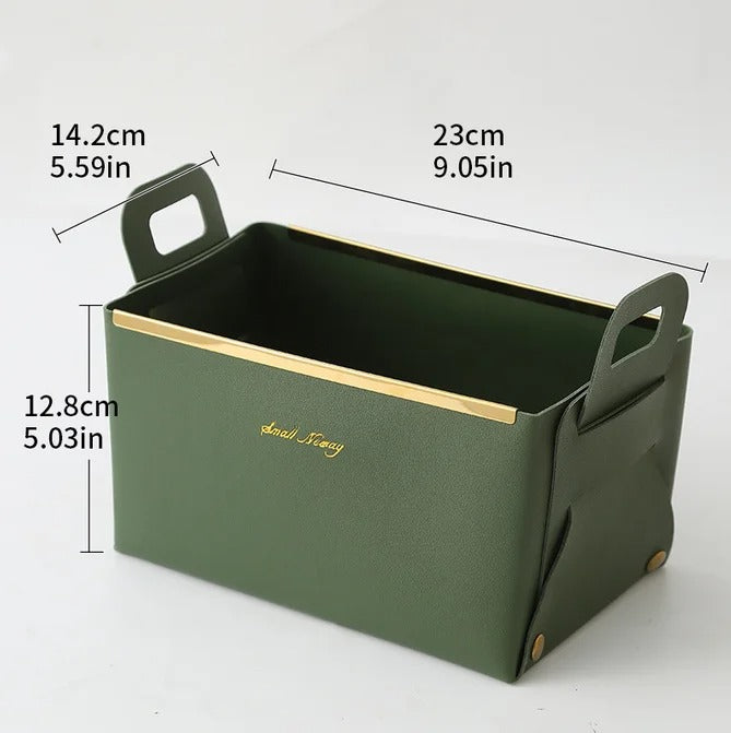 Desktop Finishing PU Leather Storage Box - Household Foldable Cosmetic Storage Basket with Handle, Sundry Key Coin Decorative Plate - Delicate Leather