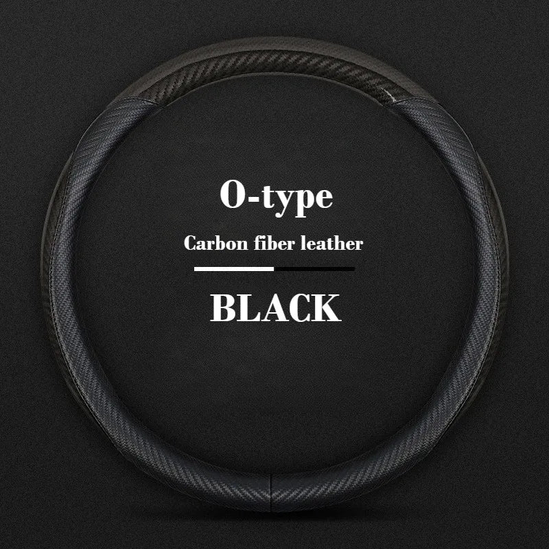 Universal Leather Steering Wheel Cover with Carbon Fiber Style – Non-Slip O/D Type, 14.5–15 Inch - Delicate Leather