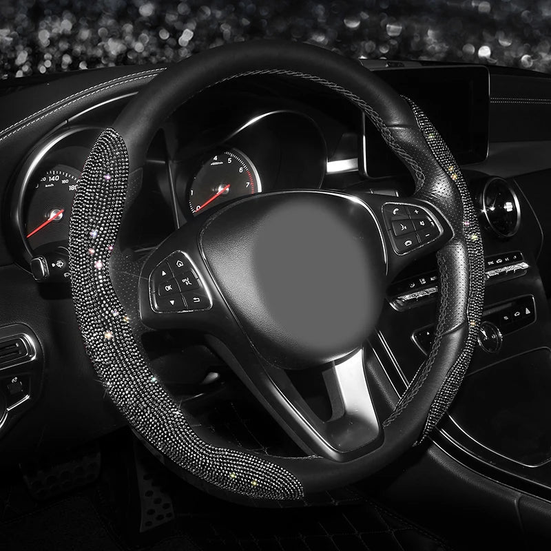 Bling Bling Diamond Steering Wheel Cover Universal Leather Sparkly Wheel Protector Anti-Slip Cover Car Accessories for Women - Delicate Leather