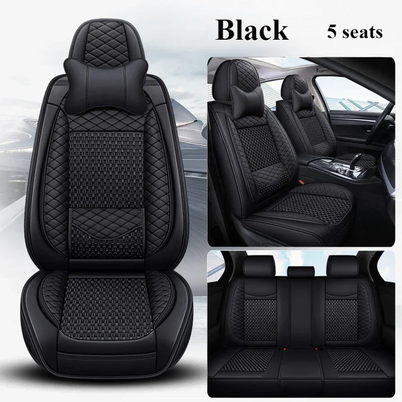 Premium PU Leather & Ice Silk Car Seat Covers with Lumbar Support – Breathable, Wear-Resistant Full Wrap Set (Includes Headrest) - Delicate Leather