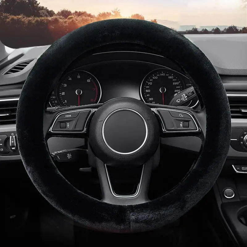 Warm Fluffy Winter Car Steering Wheel Cover – Full-Wrapped Anti-Slip Protector, Universal 38cm Christmas Gift Accessory - Delicate Leather