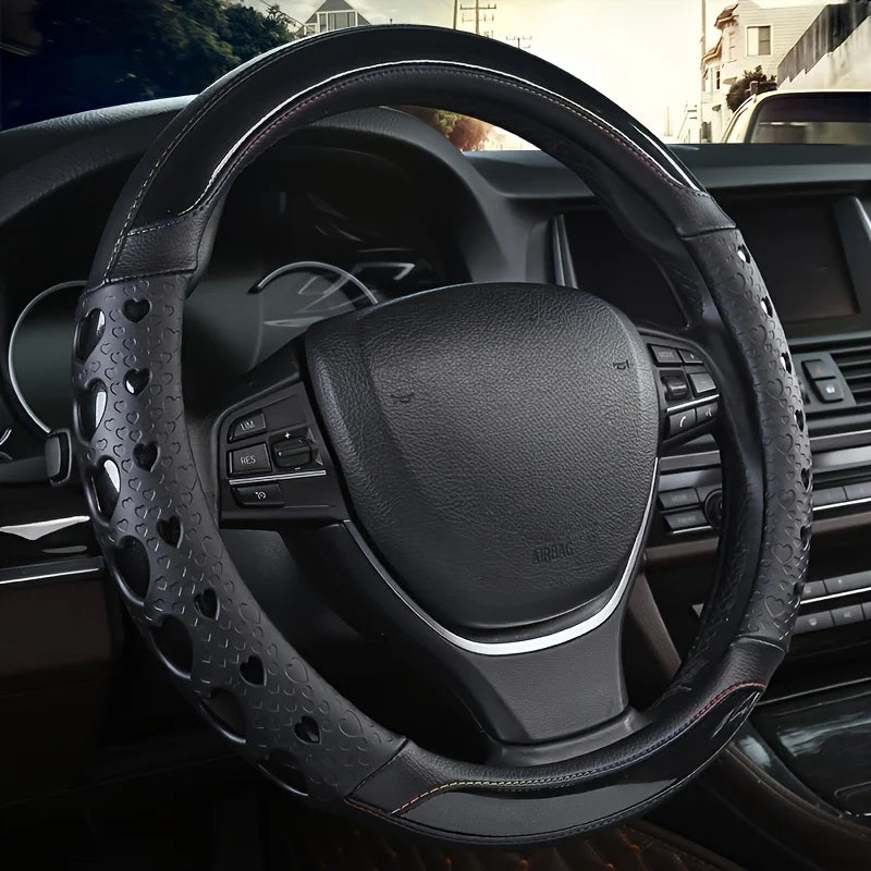 Sweet Heart Design Steering Wheel Cover – PU Leather, Anti-Slip Inner Ring, Universal Fit for Most Vehicles - Delicate Leather