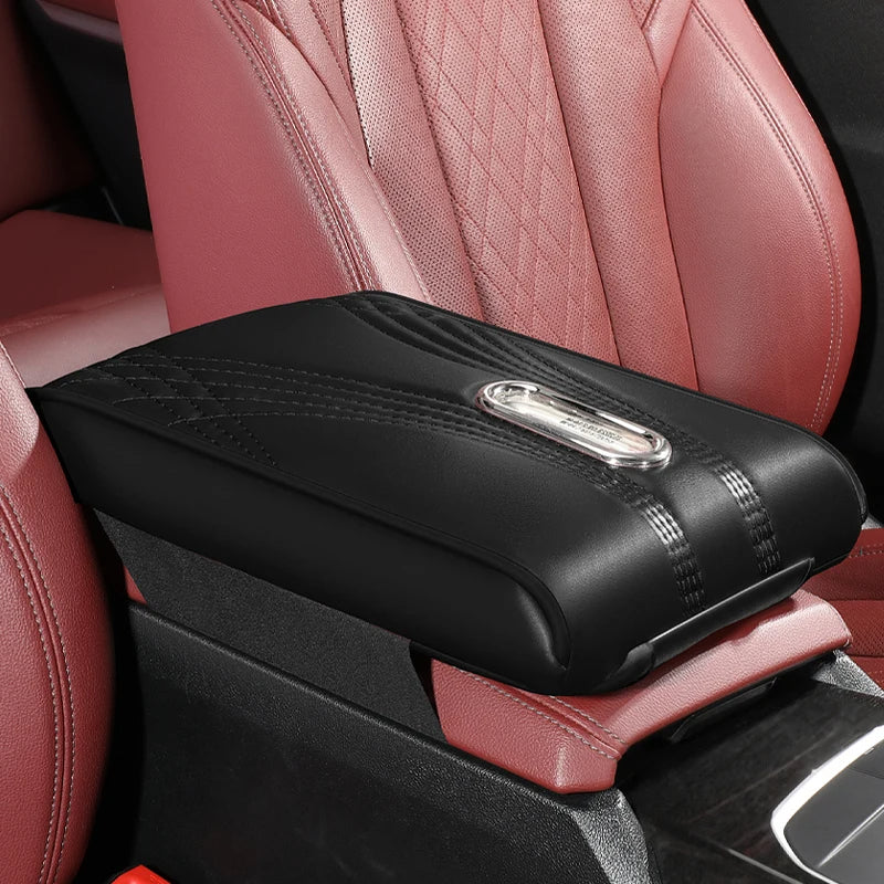 Multi-Functional Leather Car Armrest Pad, Memory Foam Heightening Cushion, Central Console Tissue Holder - Delicate Leather
