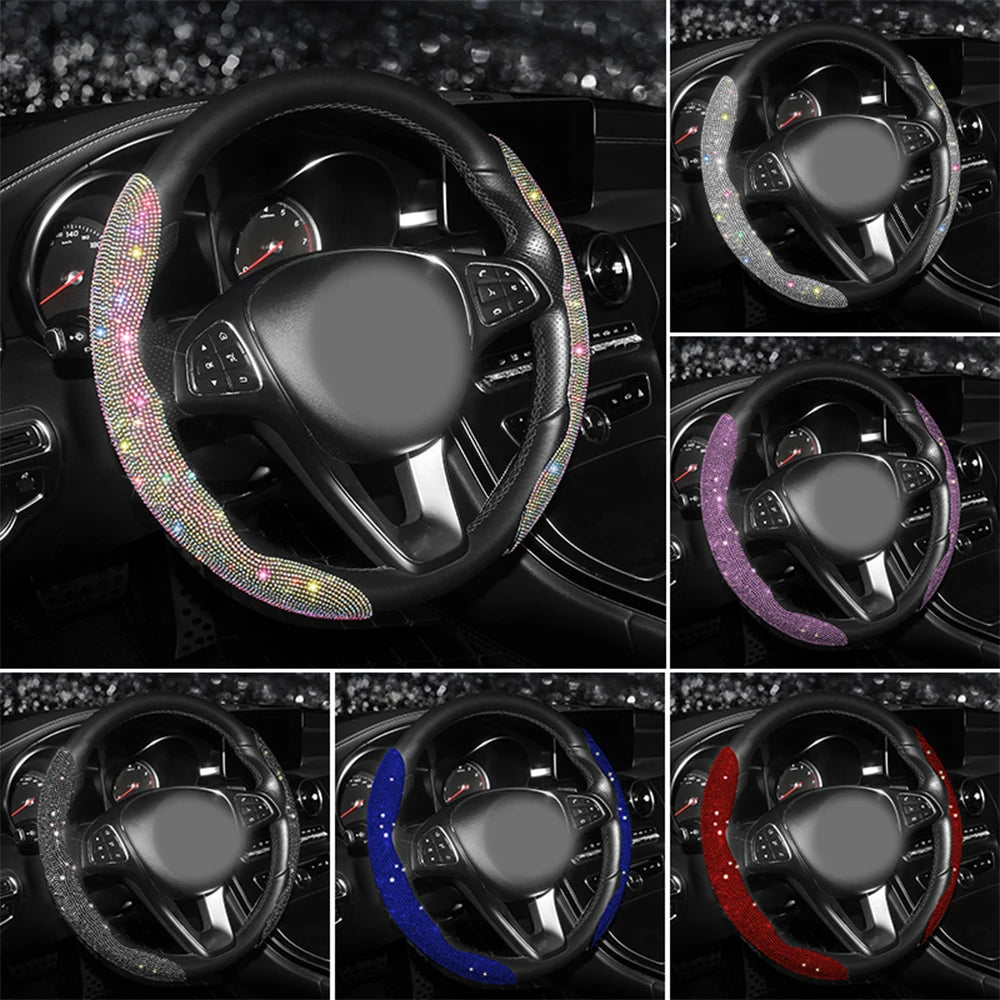 Diamond Car Steering Wheel Cover Set | Breathable, Anti-Slip Bling Protector for Girls & Women - Universal Fit, Gift For Mother's Day 2025 - Delicate Leather