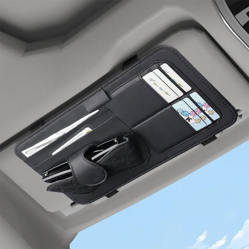 Car Sun Visor Organizer – PU Leather Multifunctional Storage with Glasses Clip, Card Slots & Pen Holders - Delicate Leather
