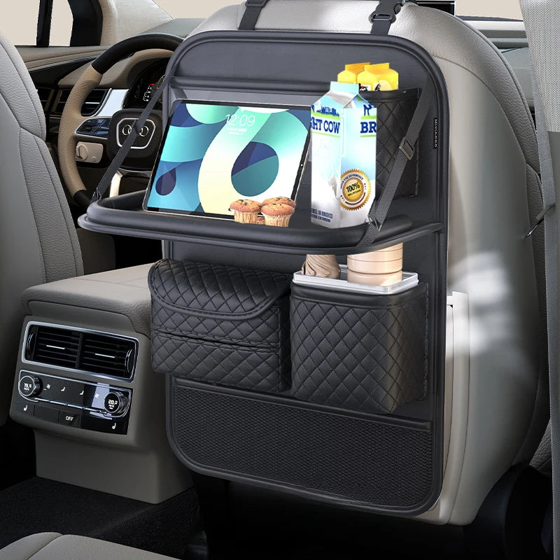Car Seat Back Storage Organizer with Foldable Table – PU Leather Backseat Hanging Organizer with Phone & Tissue Holder - Delicate Leather