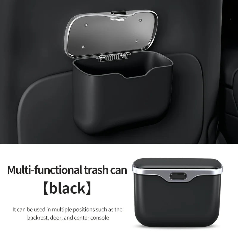 Car Trash Can with Lid and Mobile Phone Holder – 5L Rear Seat Hanging Storage Bin, Pressing-Type Square Waste Container - Delicate Leather