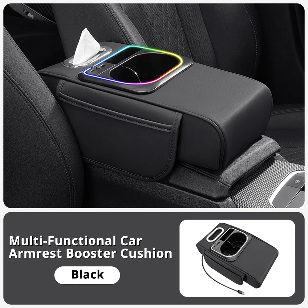 Multi-Functional Car Armrest Cushion with Storage Organizer, Cup Holder, Tissue Slot & Phone Holder - Delicate Leather