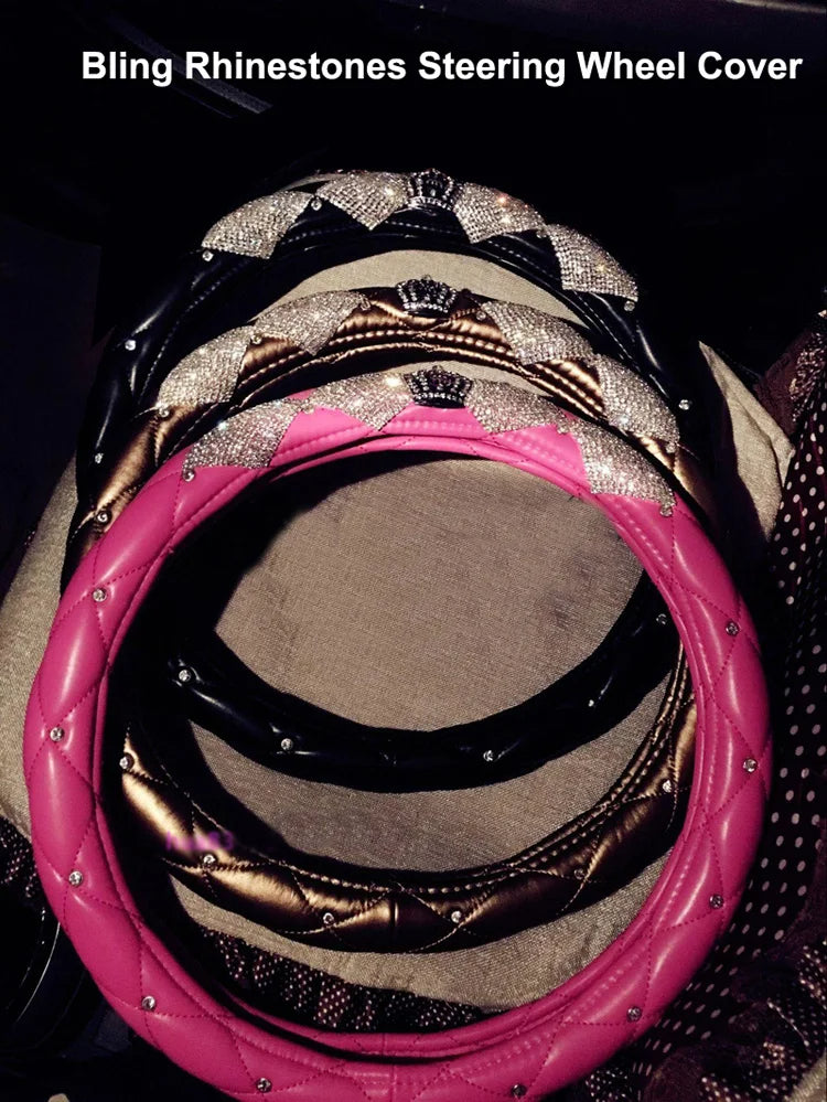 Luxury Crystal Crown Leather Steering Wheel Cover | Bling Rhinestone Car Accessory for Girls - Universal Fit, Gift For Mother's Day 2025 - Delicate Leather