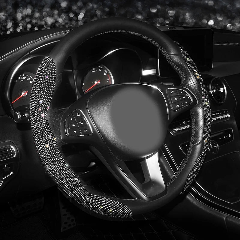 Diamond Car Steering Wheel Cover Set | Breathable, Anti-Slip Bling Protector for Girls & Women - Universal Fit, Gift For Mother's Day 2025 - Delicate Leather