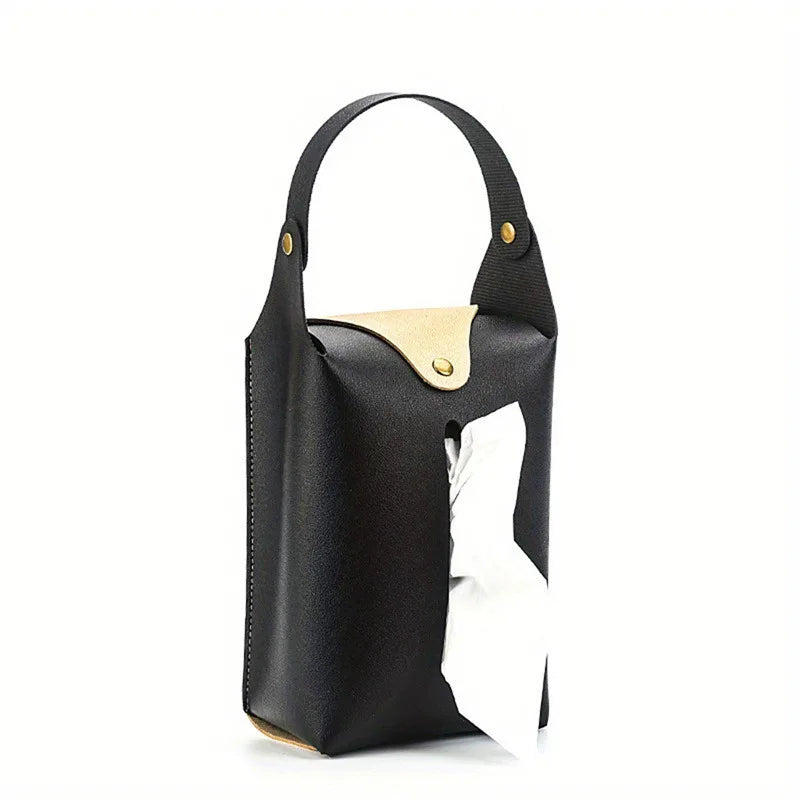 Leather Car Tissue Box Holder with Retaining Strap – Universal Armrest, Seat Back & Sun Visor Napkin Organizer - Delicate Leather