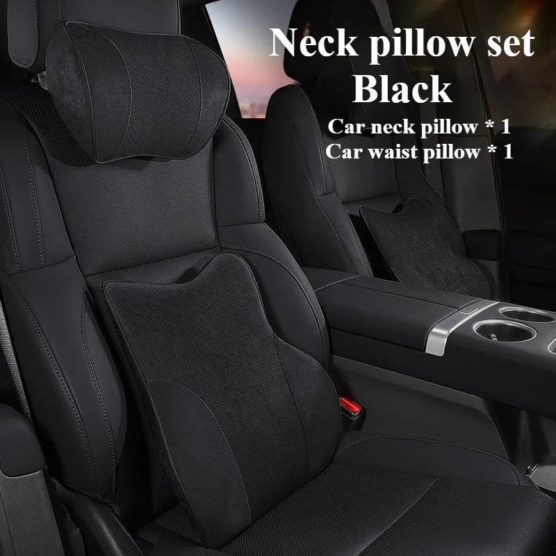 Memory Foam Car Headrest & Waist Pillow - Suede Leather Lumbar Support Seat Accessories - Neck Pillows & Back Cushion - Delicate Leather