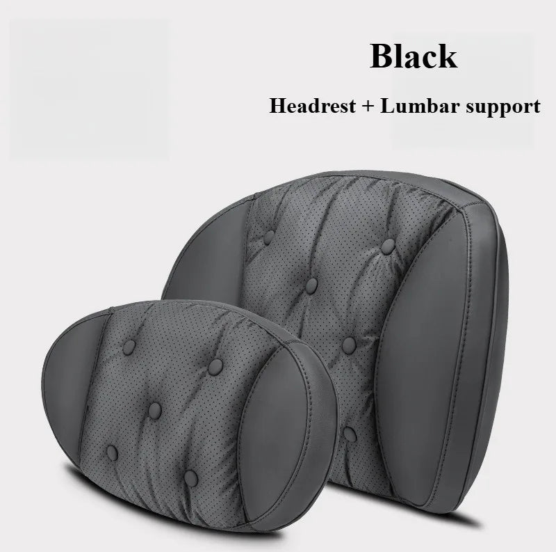 Universal Car Headrest & Lumbar Support Cushion – Nappa Leather Neck and Lumbar Pillows for Comfort - Delicate Leather