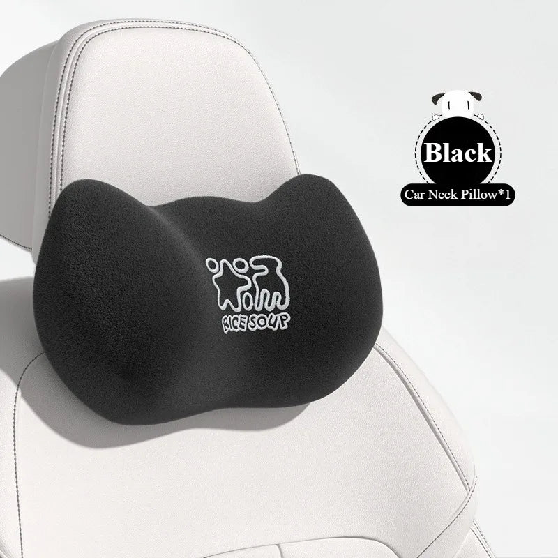 Plush Car Neck Pillow and Waist Pillow Set - Cute Pink Auto Headrest and Lumbar Support - Kawaii Car Seat Pillow for Comfort and Relaxation - Delicate Leather