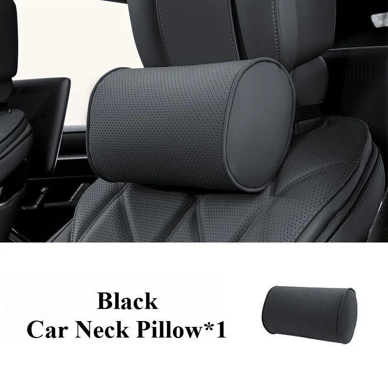 Memory Cotton Car Headrest & Lumbar Pillow Set – Leather Neck and Waist Support for Comfortable Driving - Delicate Leather