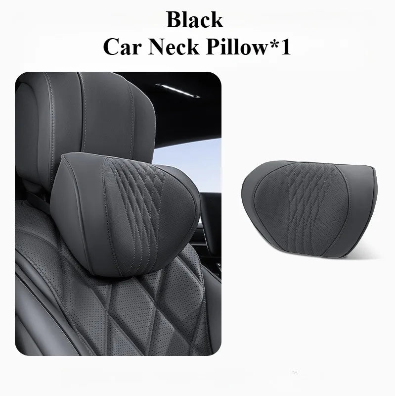Soft Memory Foam Car Neck & Lumbar Pillow Set – Leather Headrest for Comfortable Driving - Delicate Leather