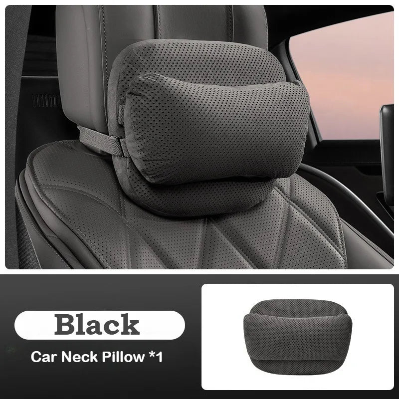 Suede Car Headrest Pillow & Lumbar Cushion – Luxury Nappa Leather Neck & Waist Pillow, Memory Foam Seat Accessories, Universal All Seasons - Delicate Leather