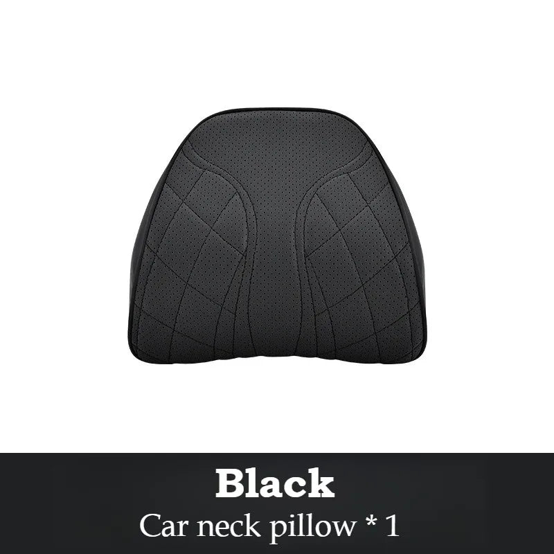 Memory Foam Car Neck & Lumbar Pillow Set – Nappa Leather Headrest and Waist Support - Delicate Leather