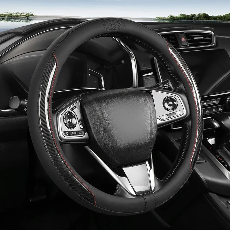 Carbon Fiber Leather Car Steering Wheel Cover – 38CM Universal Fit, Non-Slip Nappa Leather Grip, Breathable & Durable Interior Accessory - Delicate Leather