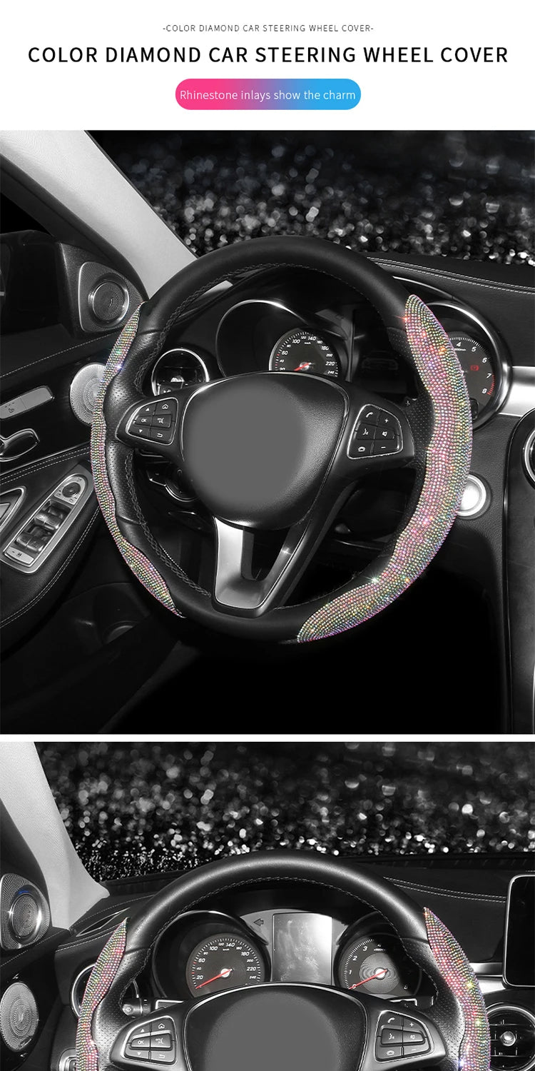Diamond Car Steering Wheel Cover Set | Breathable, Anti-Slip Bling Protector for Girls & Women - Universal Fit, Gift For Mother's Day 2025 - Delicate Leather