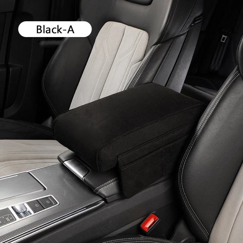 Suede Car Armrest Cushion with Cup Holder – Memory Foam Center Console Pad, Universal Fit, Enhanced Elbow Support - Delicate Leather