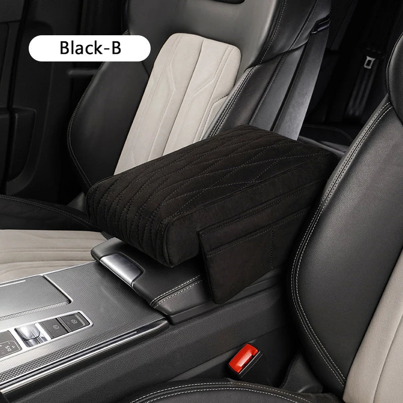 Suede Car Armrest Cushion with Cup Holder – Memory Foam Center Console Pad, Universal Fit, Enhanced Elbow Support - Delicate Leather