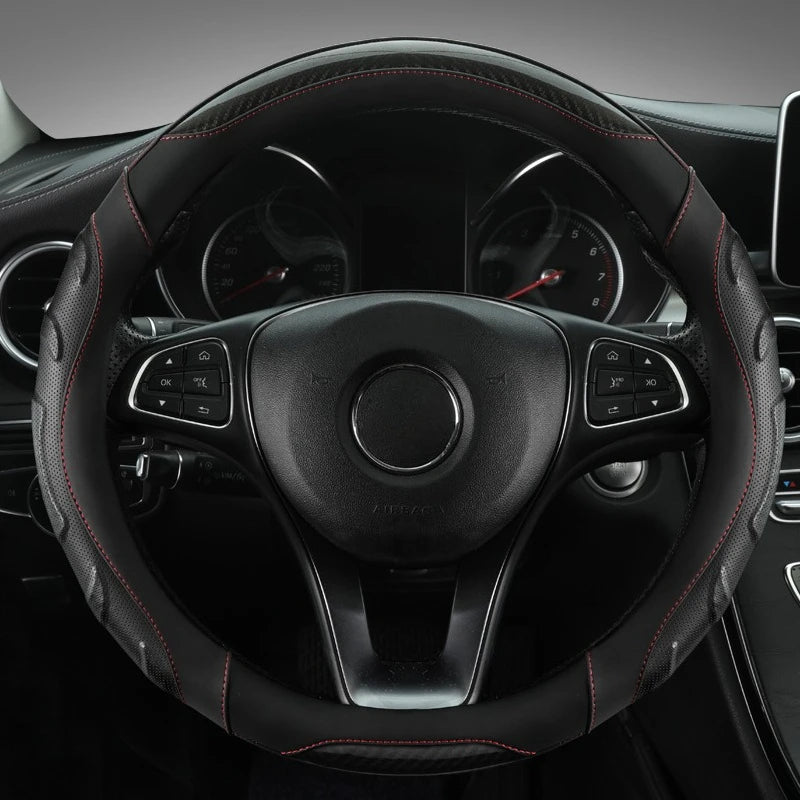 Perforated PU Leather Steering Wheel Cover with Carbon Fiber Texture – Non-Slip & Breathable, Universal Fit for 14.5–15 Inch Wheels - Delicate Leather