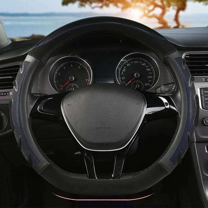 Carbon Fiber Leather Steering Wheel Cover – Silicone Honeycomb Grip, Universal Fit 37–38 cm - Delicate Leather