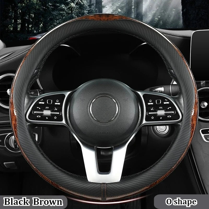 Carbon Fiber Style Steering Wheel Cover – Anti-Slip PU Leather & Wood Grain, 38cm Universal Fit - Delicate Leather