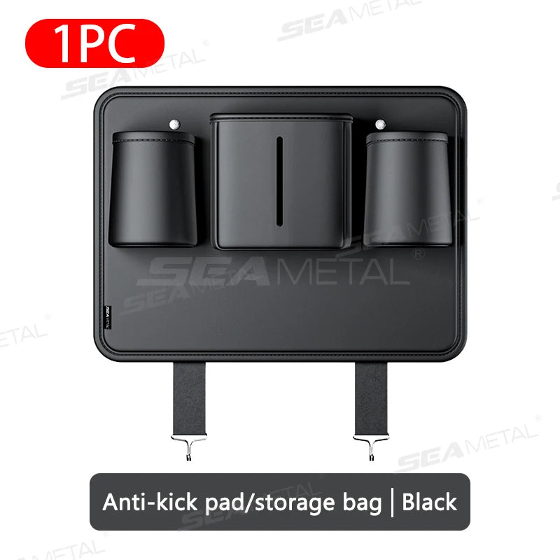 PU Leather Car Seat Back Organizer – Anti-Kick Storage Bag with Tissue Pocket, Cup Holder & Trash Bin - Delicate Leather