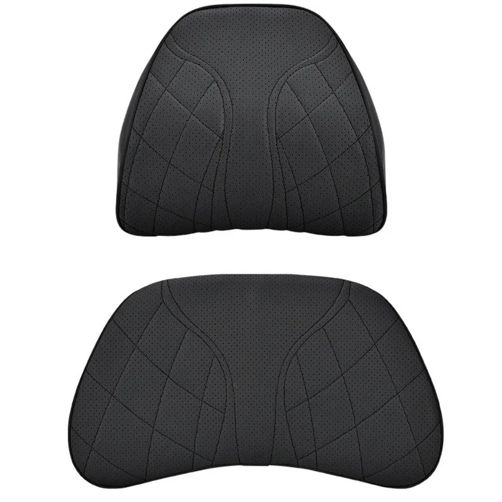 Memory Foam Car Neck & Lumbar Pillow Set – Nappa Leather Headrest and Waist Support - Delicate Leather