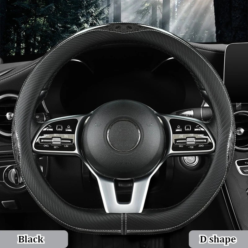 Carbon Fiber Style Steering Wheel Cover – Anti-Slip PU Leather & Wood Grain, 38cm Universal Fit - Delicate Leather