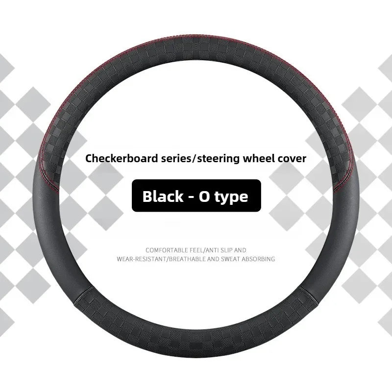 Microfiber Leather Steering Wheel Cover – 15-Inch Universal Fit, Anti-Slip Rubber Grip, Checkered Flag Design, All-Season Comfort - Delicate Leather