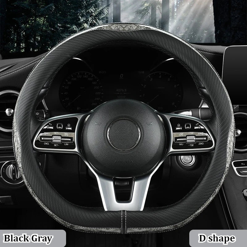 Carbon Fiber Style Steering Wheel Cover – Anti-Slip PU Leather & Wood Grain, 38cm Universal Fit - Delicate Leather