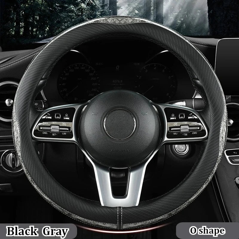 Carbon Fiber Style Steering Wheel Cover – Anti-Slip PU Leather & Wood Grain, 38cm Universal Fit - Delicate Leather