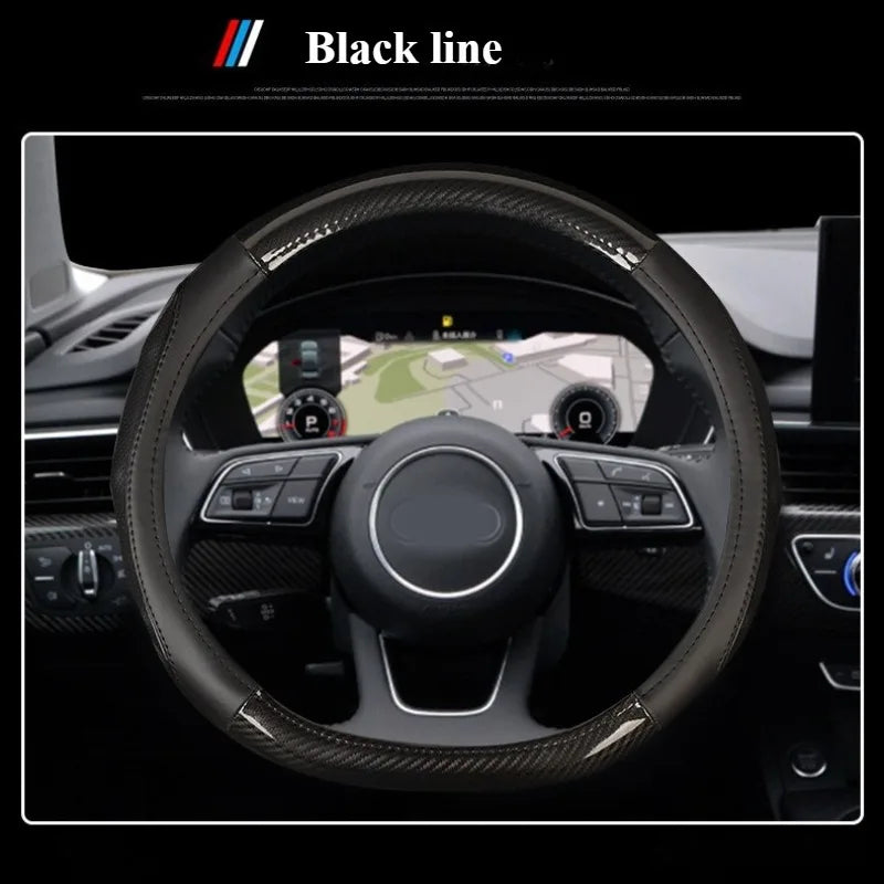 Carbon Fiber & Nappa Leather Steering Wheel Cover – Universal 37–38cm, Non-Slip Silicone Grip, 3D Textured Design, Breathable & Durable - Delicate Leather