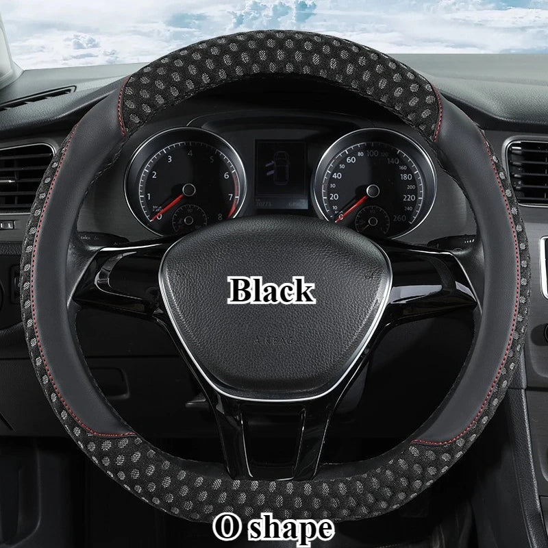 PU Leather Steering Wheel Cover – 3D Cooling Fabric, Non-Slip, O/D Shape, All-Season Comfort - Delicate Leather