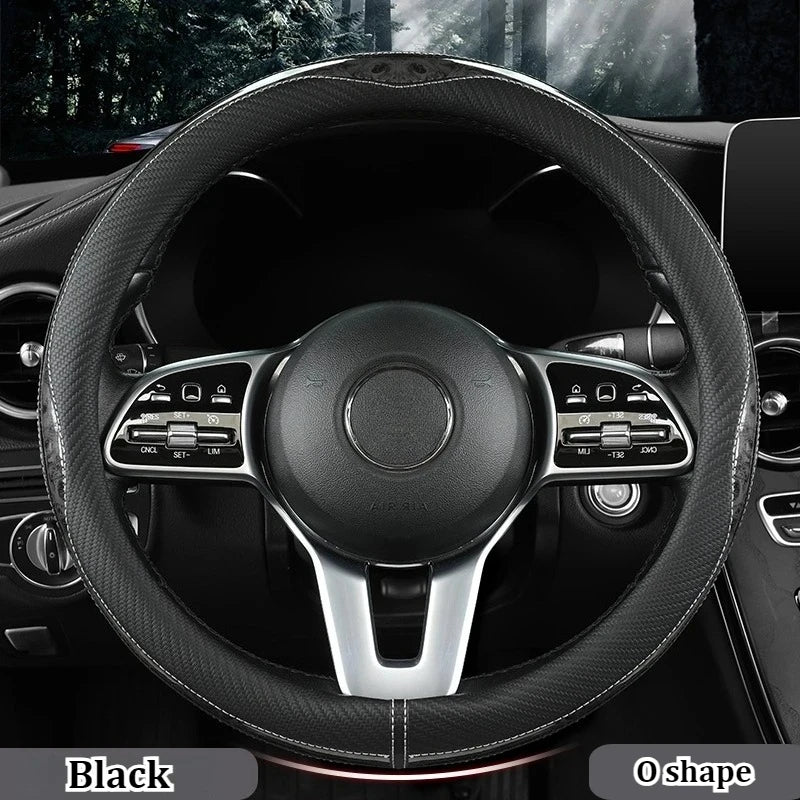 Carbon Fiber Style Steering Wheel Cover – Anti-Slip PU Leather & Wood Grain, 38cm Universal Fit - Delicate Leather