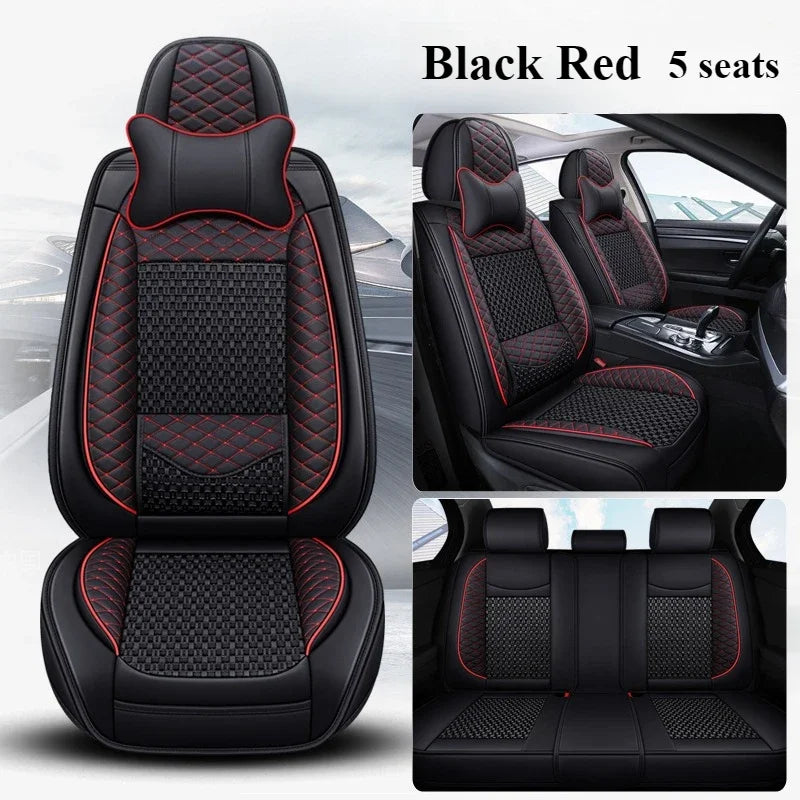 Premium PU Leather & Ice Silk Car Seat Covers with Lumbar Support – Breathable, Wear-Resistant Full Wrap Set (Includes Headrest) - Delicate Leather