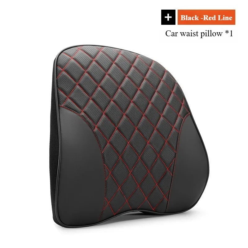 Comfort Nappa Leather Car Headrest & Lumbar Support Set – Soft Memory Foam Neck Pillow & Waist Cushion for Car Seats and Office Chairs - Delicate Leather