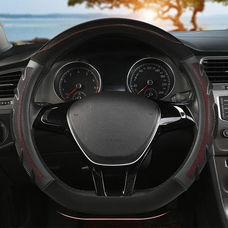 Carbon Fiber Leather Steering Wheel Cover – Silicone Honeycomb Grip, Universal Fit 37–38 cm - Delicate Leather