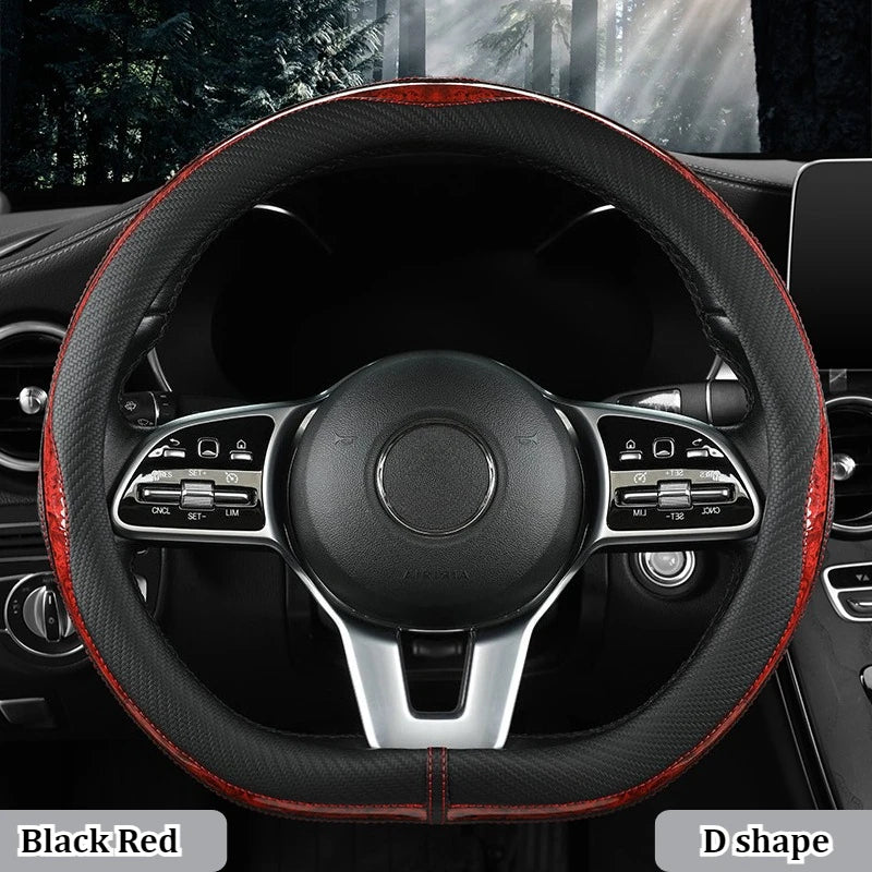 Carbon Fiber Style Steering Wheel Cover – Anti-Slip PU Leather & Wood Grain, 38cm Universal Fit - Delicate Leather
