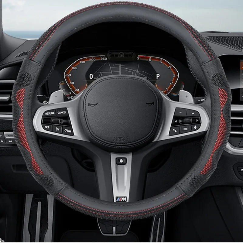 Universal Ice Silk Leather Steering Wheel Cover – 38cm Breathable Non-Slip Car Handle Cover, Four-Season Comfort Grip - Delicate Leather