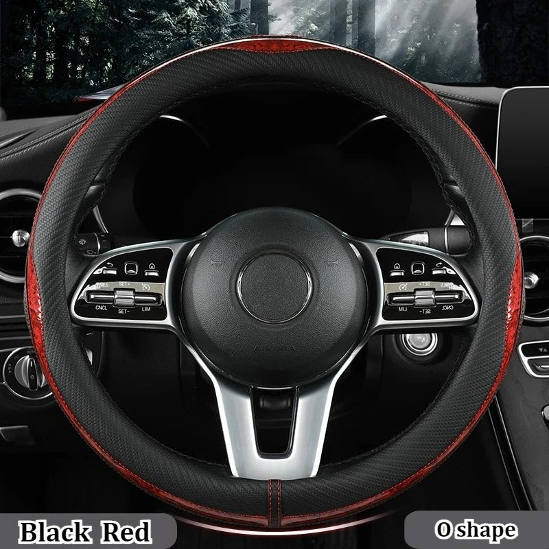 Carbon Fiber Style Steering Wheel Cover – Anti-Slip PU Leather & Wood Grain, 38cm Universal Fit - Delicate Leather