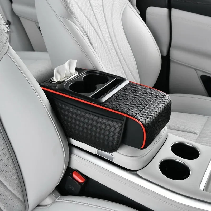 Car Armrest Cushion with Tissue Box & Cup Holder – Center Console Organizer Pad - Delicate Leather