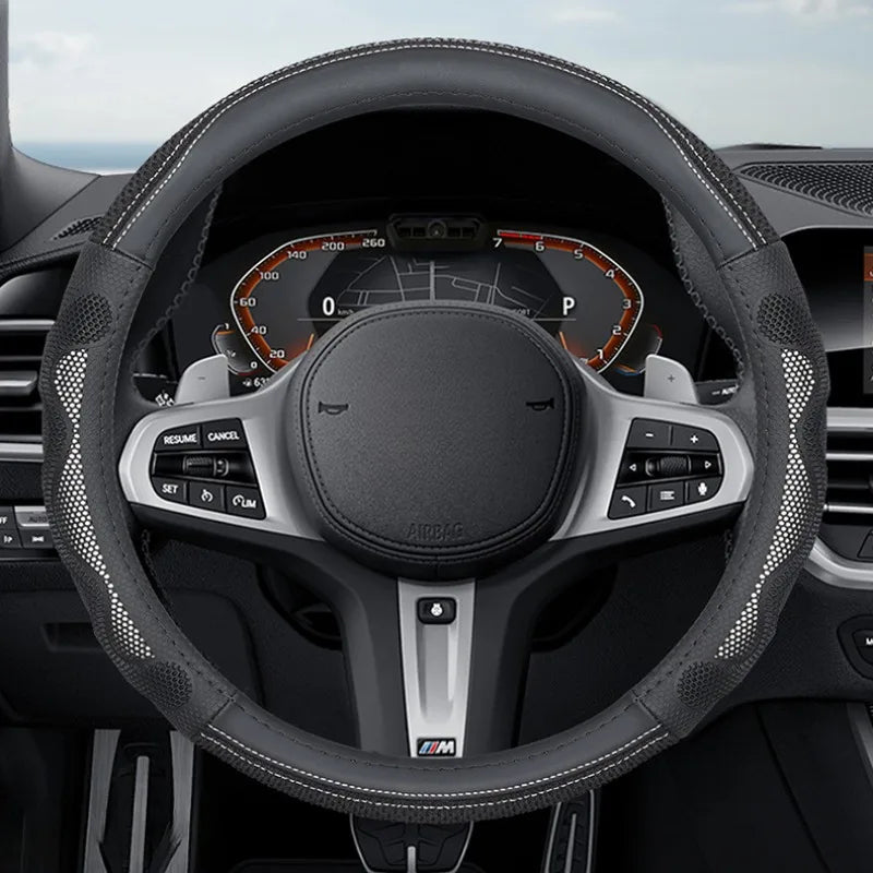 Universal Ice Silk Leather Steering Wheel Cover – 38cm Breathable Non-Slip Car Handle Cover, Four-Season Comfort Grip - Delicate Leather